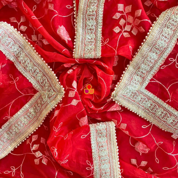 anokherang Dupattas Bridal Blossom Red Organza Dupatta