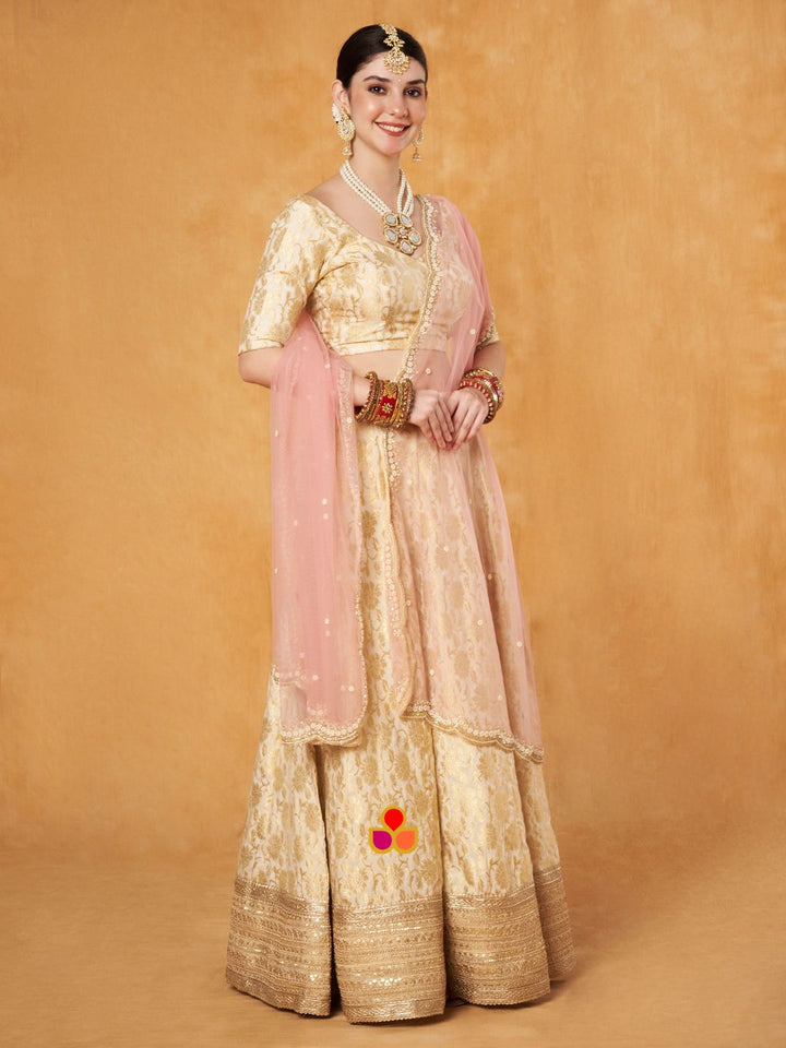 anokherang Dupattas Bridal Blush Pink Pearl Hand Embroidered Scalloped Net Dupatta