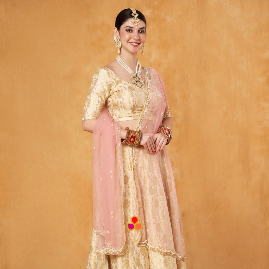 Bridal Blush Pink Pearl Hand Embroidered Scalloped Net Dupatta – anokherang