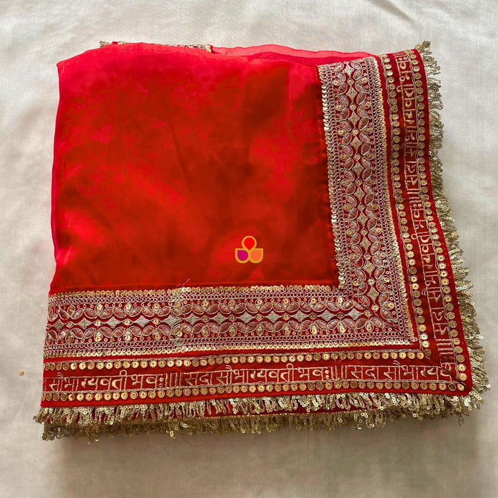 anokherang Dupattas Bridal Crimson Red Saubhagyawati Sequin Laced Fringe Organza Dupatta