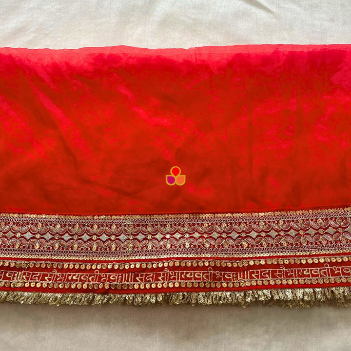 anokherang Dupattas Bridal Crimson Red Saubhagyawati Sequin Laced Fringe Organza Dupatta