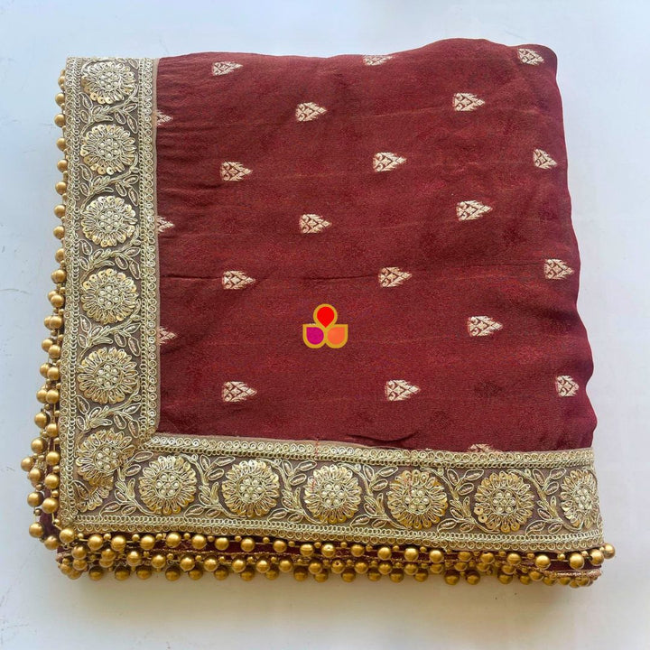 anokherang Dupattas Bridal Deep Maroon Gold Banarasi Silk Beaded Dupatta