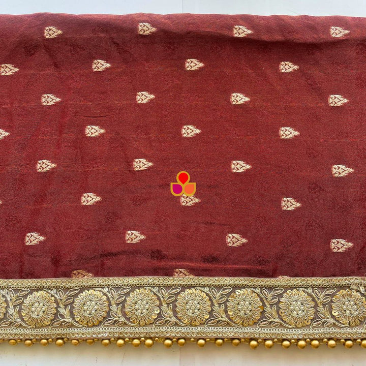 anokherang Dupattas Bridal Deep Maroon Gold Banarasi Silk Beaded Dupatta