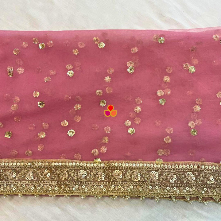 anokherang Dupattas Bridal Dusty Pink Sequin Net Embroidered Dupatta