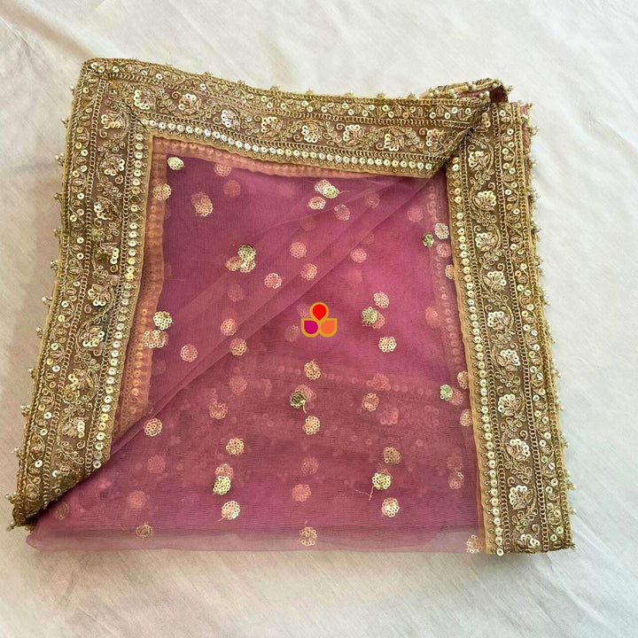 anokherang Dupattas Bridal Dusty Pink Sequin Net Embroidered Dupatta
