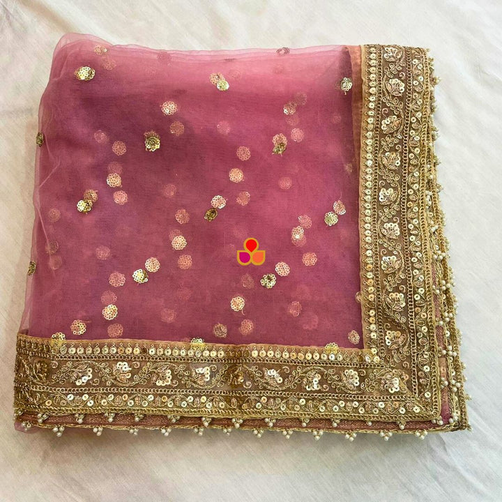 anokherang Dupattas Bridal Dusty Pink Sequin Net Embroidered Dupatta