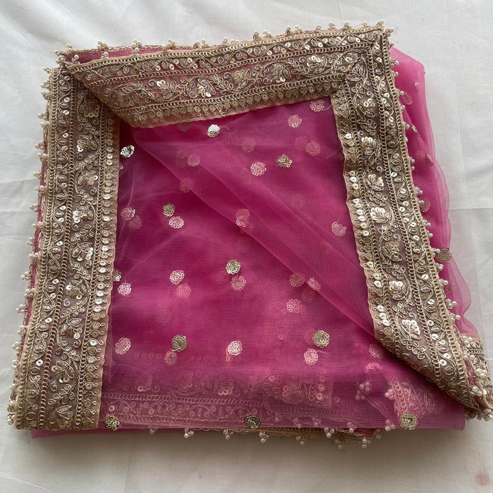 anokherang Dupattas Bridal Dusty Rose Pink Sequin Net Embroidered Dupatta