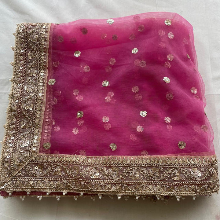 anokherang Dupattas Bridal Dusty Rose Pink Sequin Net Embroidered Dupatta