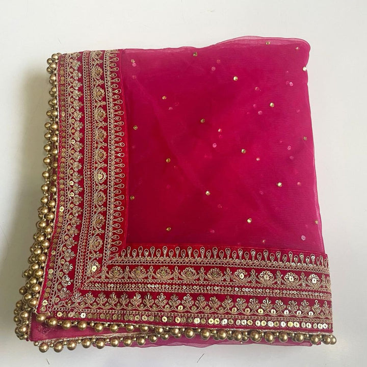 anokherang Dupattas Bridal Gauhar Magenta Stone Embroidered Net Dupatta