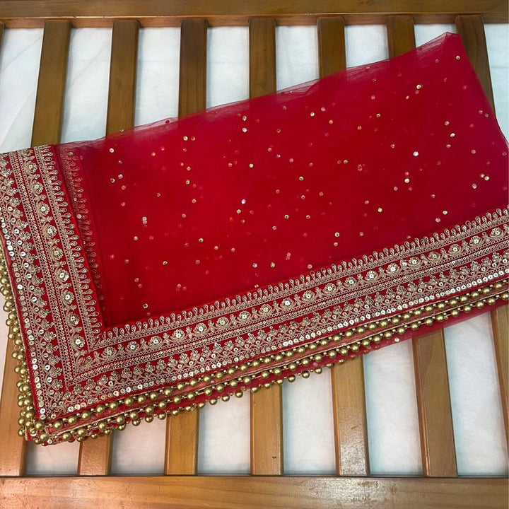 anokherang Dupattas Bridal Gauhar Red Stone Embroidered Net Dupatta