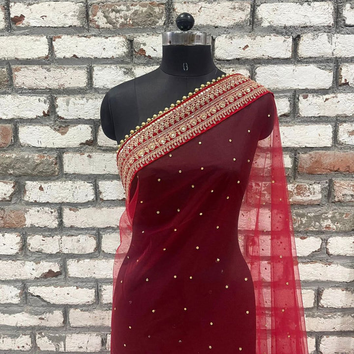 anokherang Dupattas Bridal Gauhar Red Stone Embroidered Net Dupatta