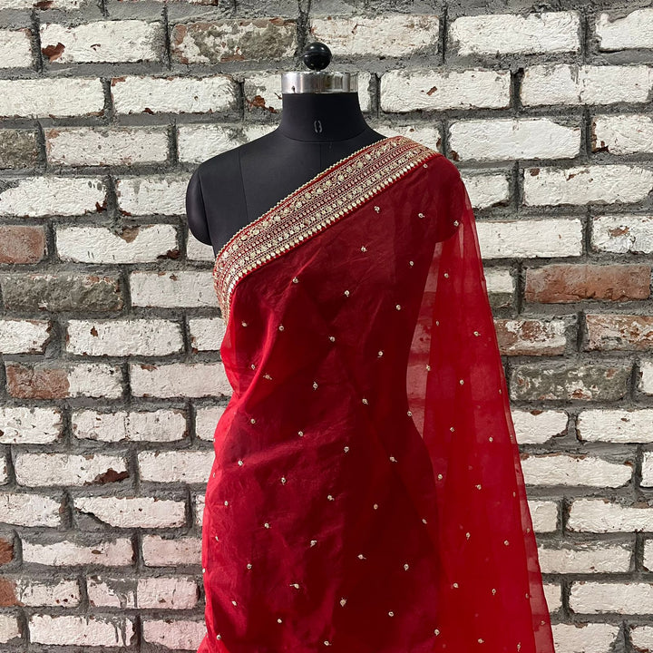 anokherang Dupattas Bridal Glowing Red Sequin Organza Embroidered Dupatta