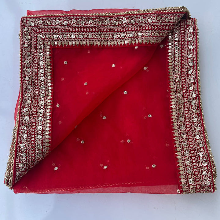 anokherang Dupattas Bridal Glowing Red Sequin Organza Embroidered Dupatta