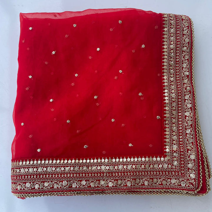 anokherang Dupattas Bridal Glowing Red Sequin Organza Embroidered Dupatta