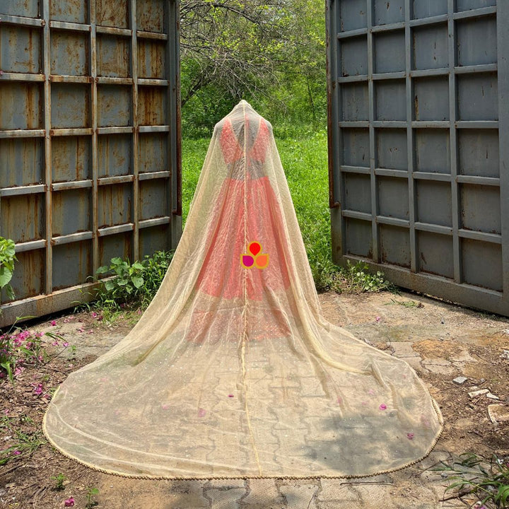 anokherang Dupattas Bridal Golden Polka Dot Foil Beaded Organza Trail Dupatta