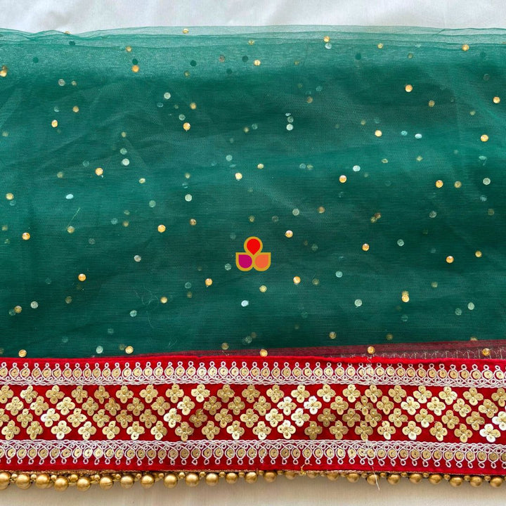 anokherang Dupattas Bridal Green Red Delight Stone Net Dupatta