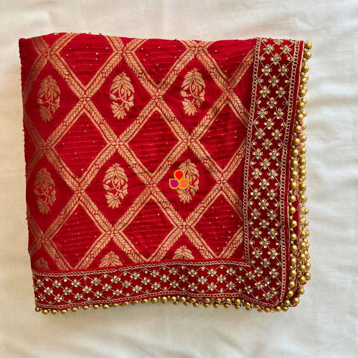 anokherang Dupattas Bridal Gulmohar Red Embroidered Georgette Dupatta