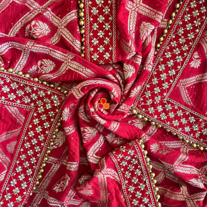 anokherang Dupattas Bridal Gulmohar Red Embroidered Georgette Dupatta