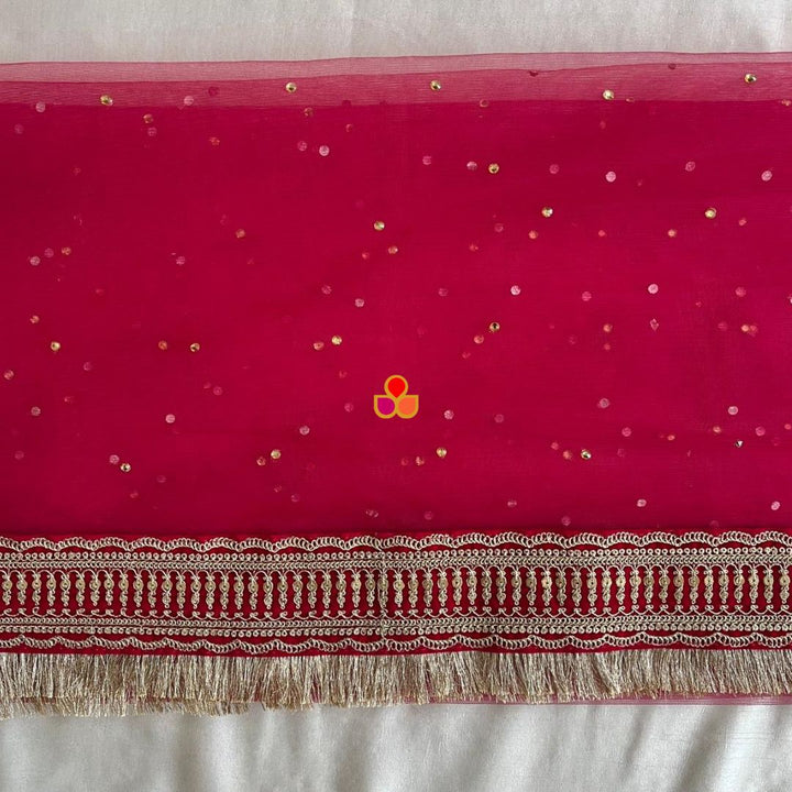 anokherang Dupattas Bridal Heena Pink Stone Embroidered Fringed Net Dupatta