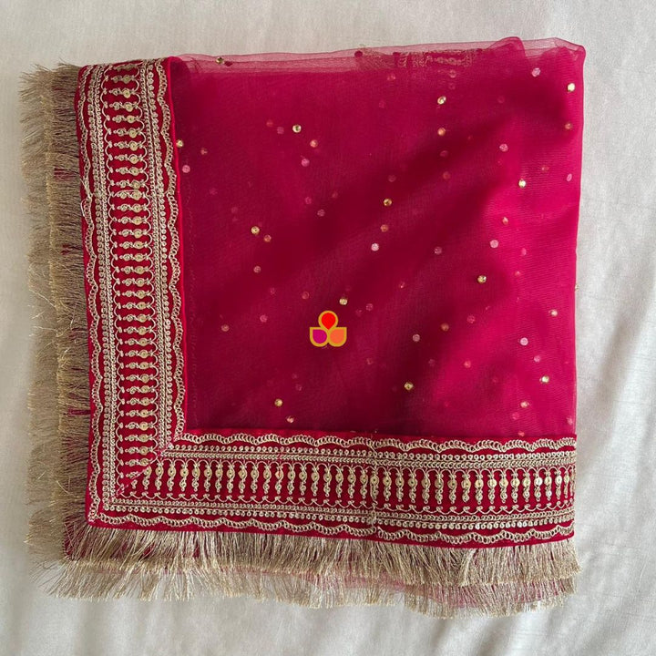 anokherang Dupattas Bridal Heena Pink Stone Embroidered Fringed Net Dupatta