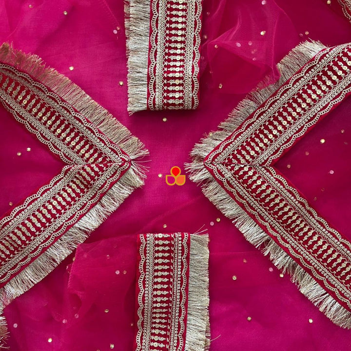 anokherang Dupattas Bridal Heena Pink Stone Embroidered Fringed Net Dupatta