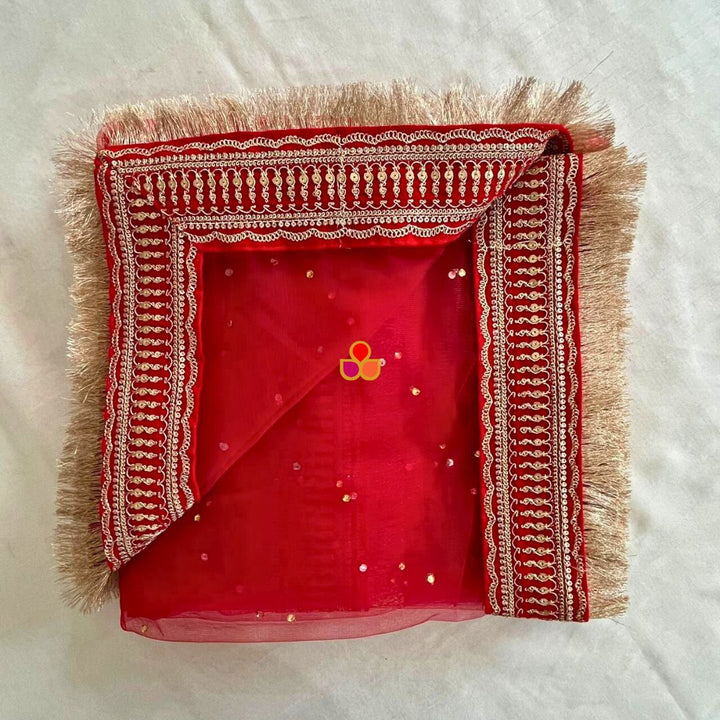 anokherang Dupattas Bridal Heena Red Stone Embroidered Fringed Net Dupatta