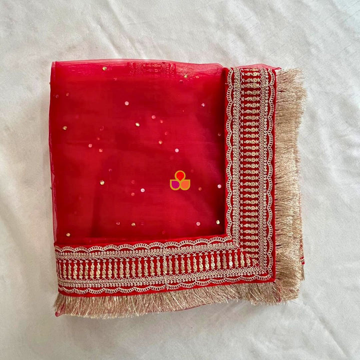 anokherang Dupattas Bridal Heena Red Stone Embroidered Fringed Net Dupatta