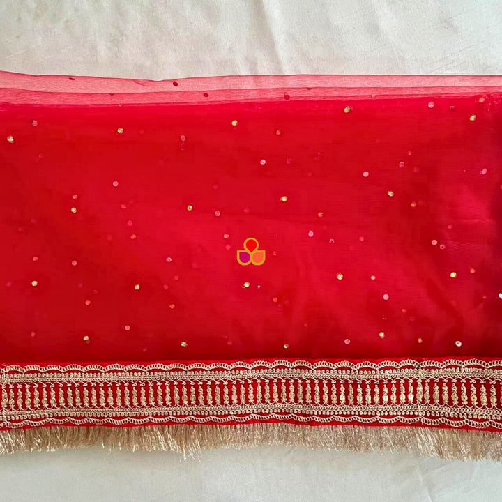 anokherang Dupattas Bridal Heena Red Stone Embroidered Fringed Net Dupatta