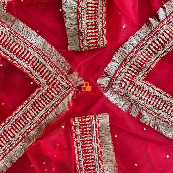 anokherang Dupattas Bridal Heena Red Stone Embroidered Fringed Net Dupatta