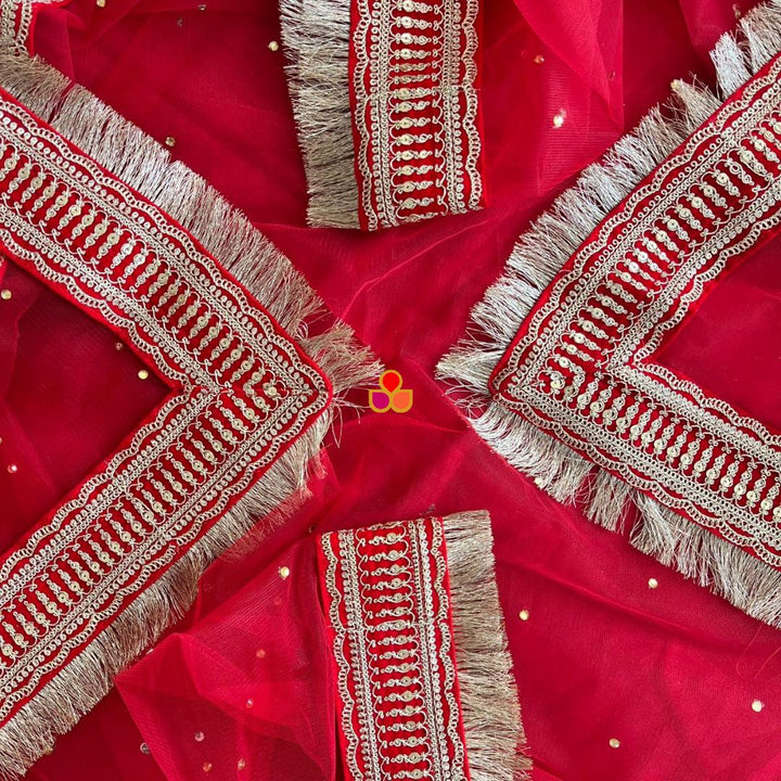 anokherang Dupattas Bridal Heena Red Stone Embroidered Fringed Net Dupatta