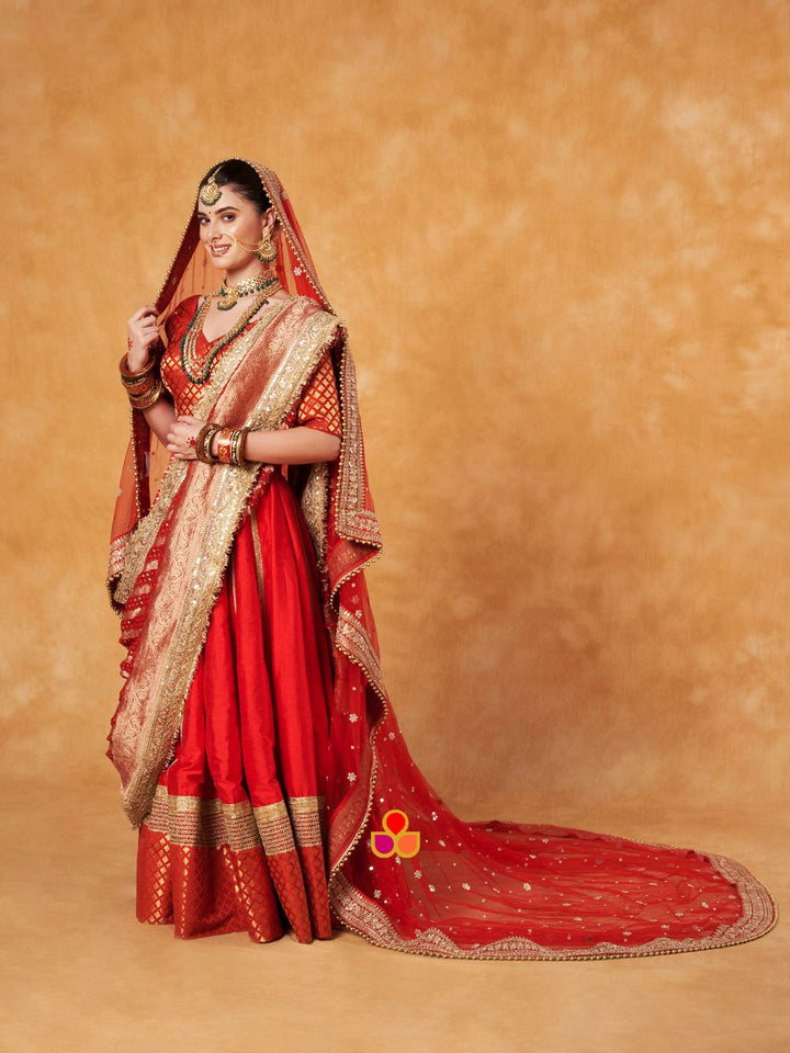 anokherang Dupattas Bridal Heer Red Zari Embroidered Net Sequin Trail Dupatta