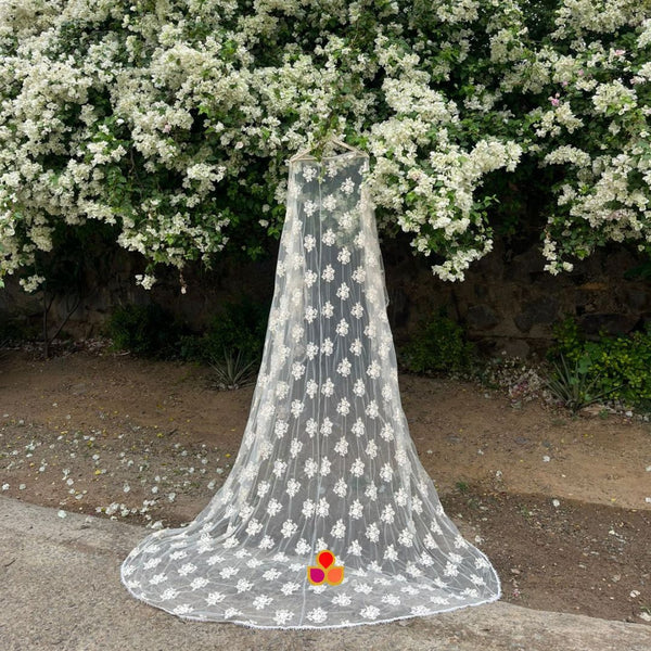 anokherang Dupattas Bridal Ivory Floral Crochet Embroidered Trail Net Dupatta