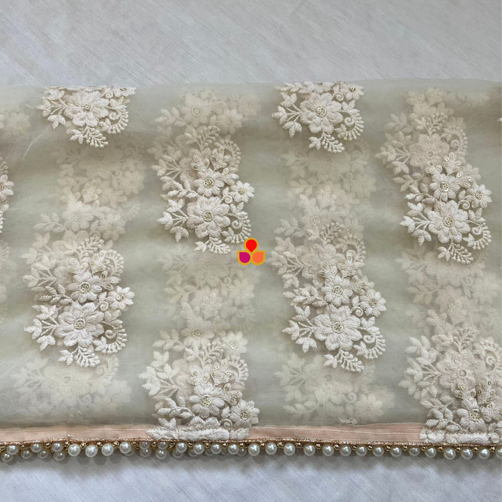 anokherang Dupattas Bridal Ivory Floral Embroidered Trail Net Dupatta