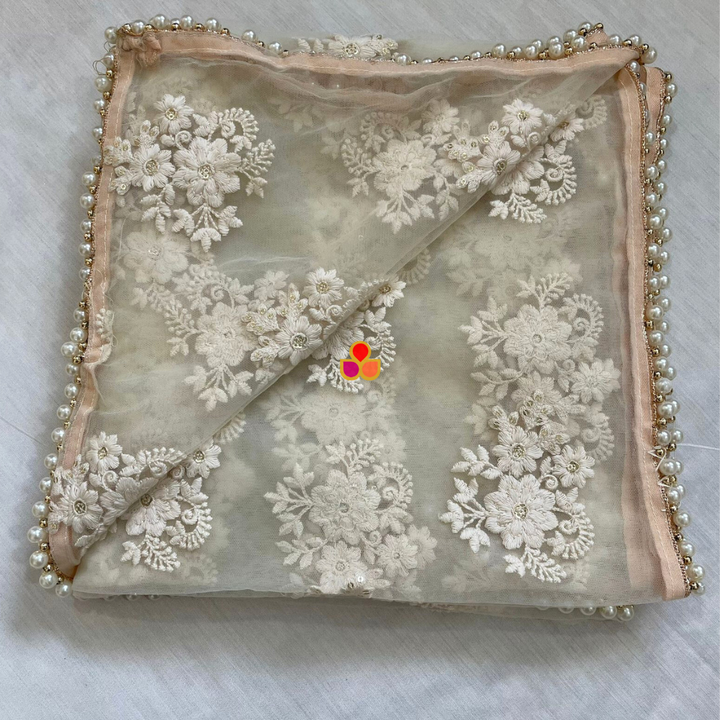 anokherang Dupattas Bridal Ivory Floral Embroidered Trail Net Dupatta
