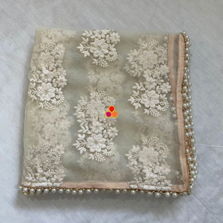 anokherang Dupattas Bridal Ivory Floral Embroidered Trail Net Dupatta