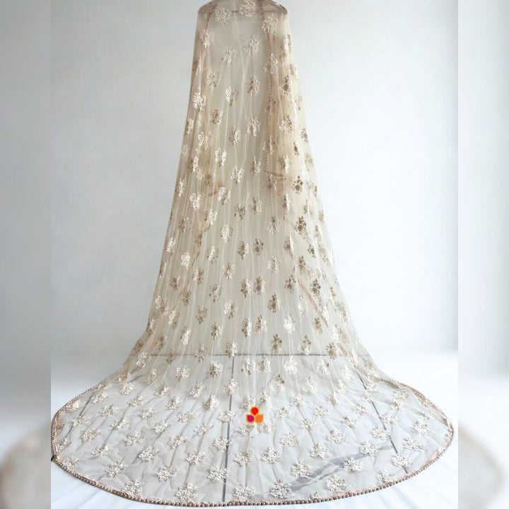 anokherang Dupattas Bridal Ivory Floral Embroidered Trail Net Dupatta