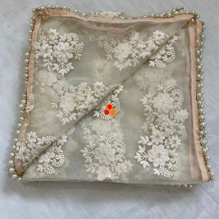 anokherang Dupattas Bridal Ivory Floral Gold Embroidered Net Dupatta