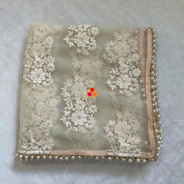 anokherang Dupattas Bridal Ivory Floral Gold Embroidered Net Dupatta