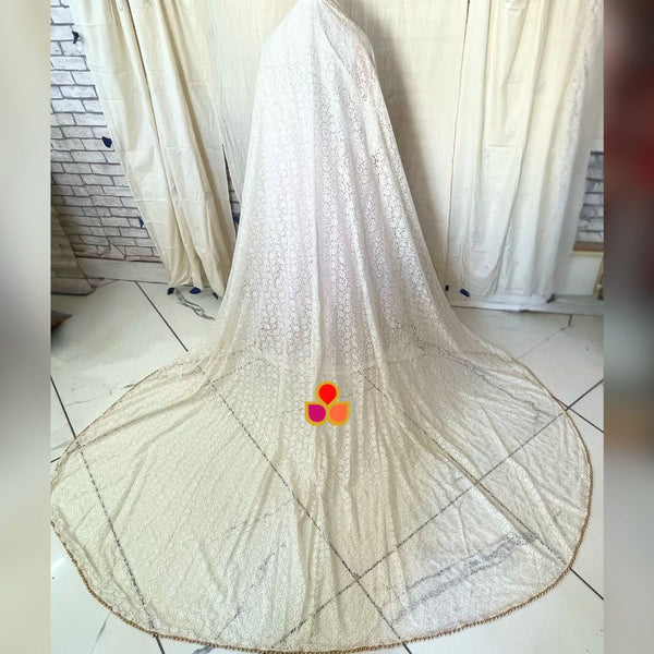anokherang Dupattas Bridal Ivory Gold Embroidered Net Trail Dupatta
