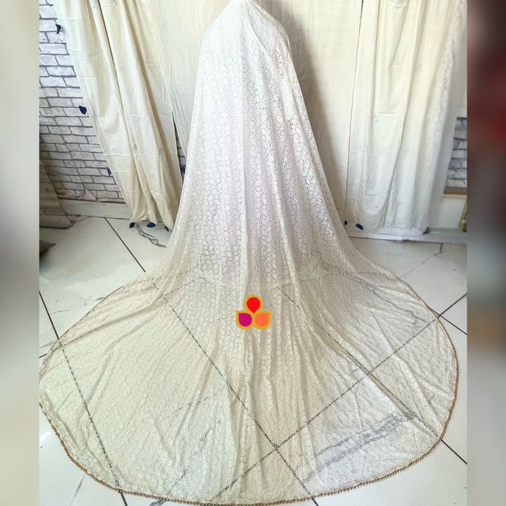 anokherang Dupattas Bridal Ivory Gold Embroidered Net Trail Dupatta