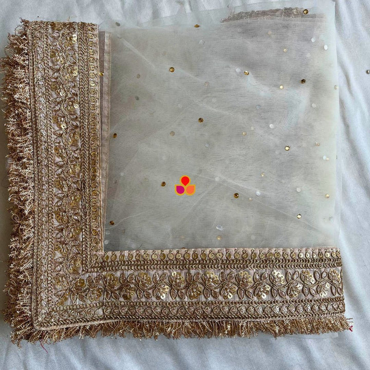 anokherang Dupattas Bridal Ivory Magic Embroidered Fringed Net Dupatta