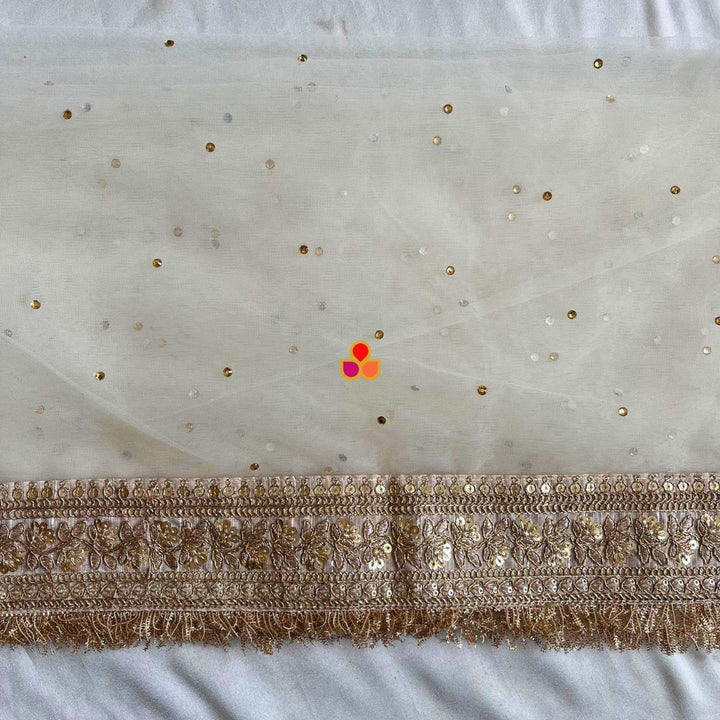 anokherang Dupattas Bridal Ivory Magic Embroidered Fringed Net Dupatta