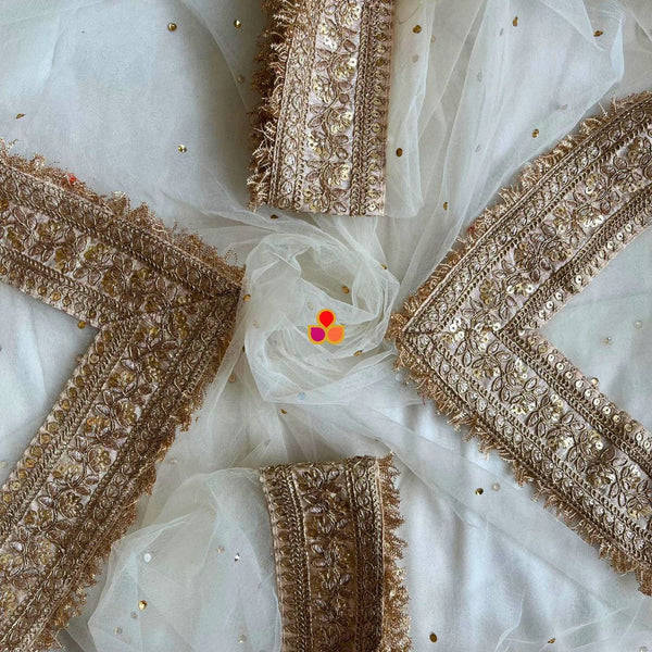anokherang Dupattas Bridal Ivory Magic Embroidered Fringed Net Dupatta