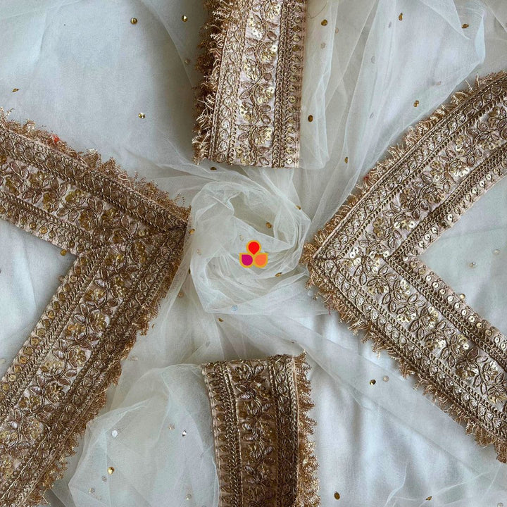 anokherang Dupattas Bridal Ivory Magic Embroidered Fringed Net Dupatta