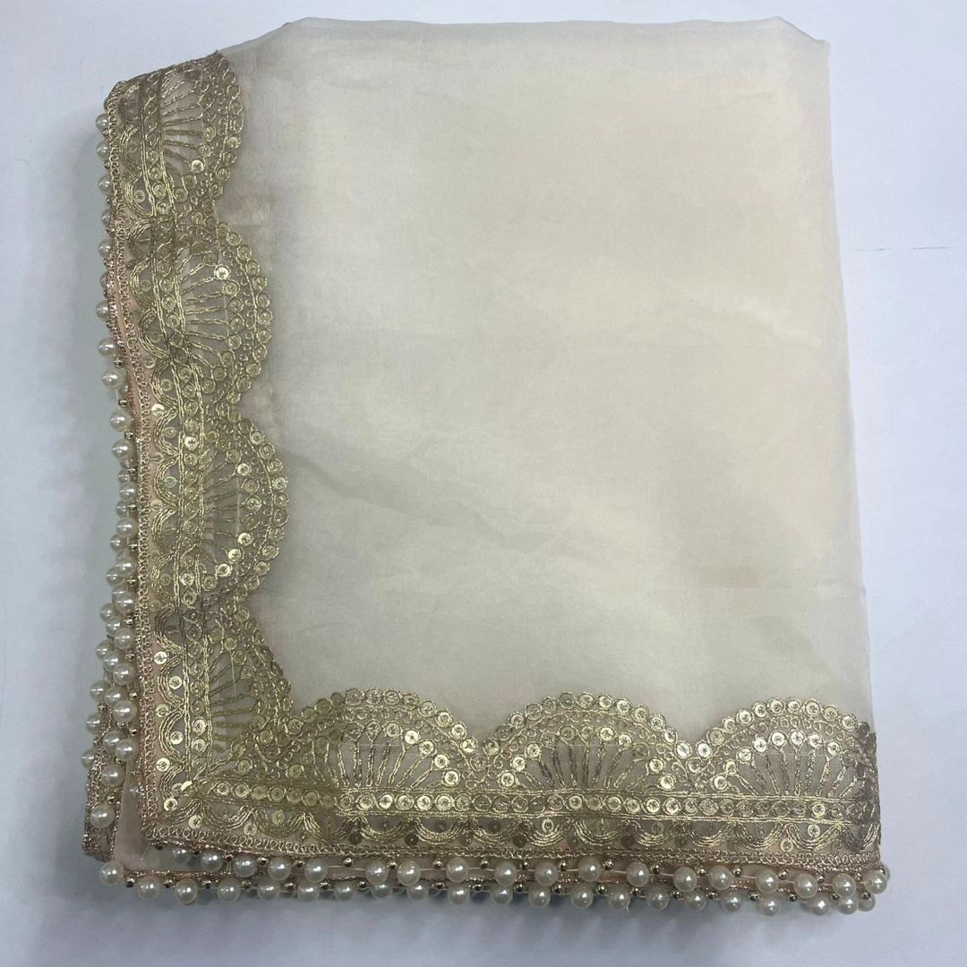 IVORY ORGANZA SILK PAVITRA SCALLOP DUPATTA main image 1