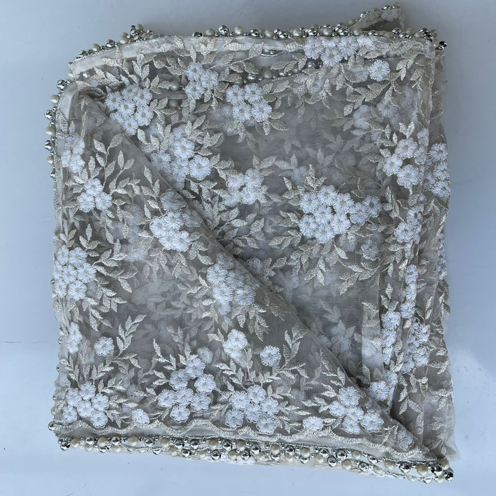 anokherang Dupattas Bridal IvoryAll Over Embroidered Trail Net Dupatta