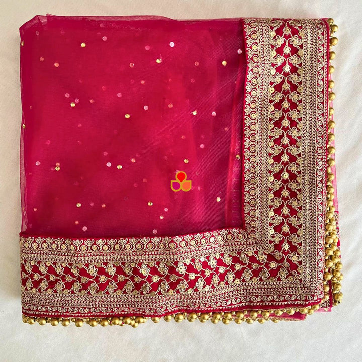 anokherang Dupattas Bridal Karishma Pink Stone Embroidered Net Dupatta