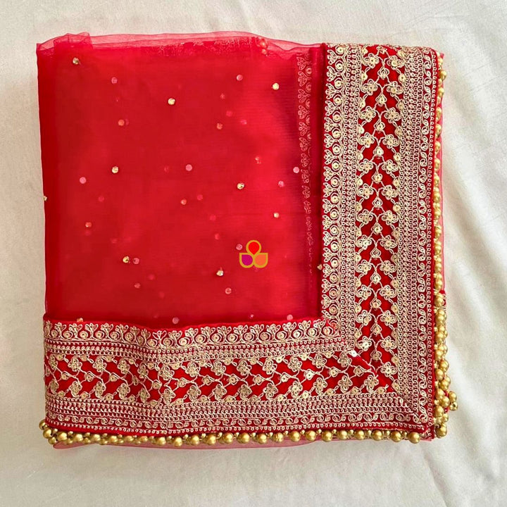 anokherang Dupattas Bridal Karishma Red Stone Embroidered Net Dupatta