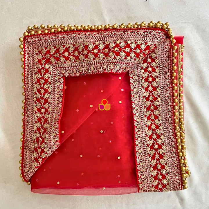 anokherang Dupattas Bridal Karishma Red Stone Embroidered Net Dupatta
