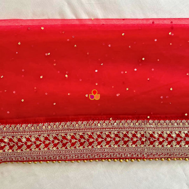 anokherang Dupattas Bridal Karishma Red Stone Embroidered Net Dupatta